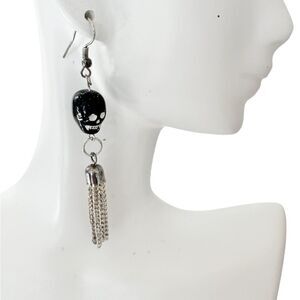Black glass skull bead earrings with silver chain tassels, pierced 3”L